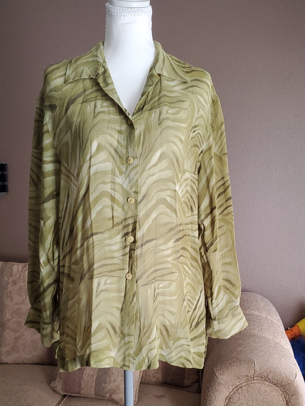 Peter Nygard Olive Green Zebra-Print Button Front Shirt